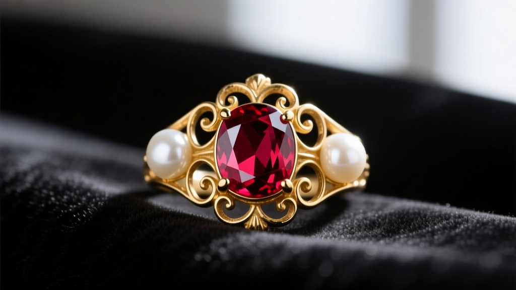 Close-up of a vintage gold ring featuring a deep red rhodolite garnet flanked by two creamy white Akoya pearls on a velvet cloth