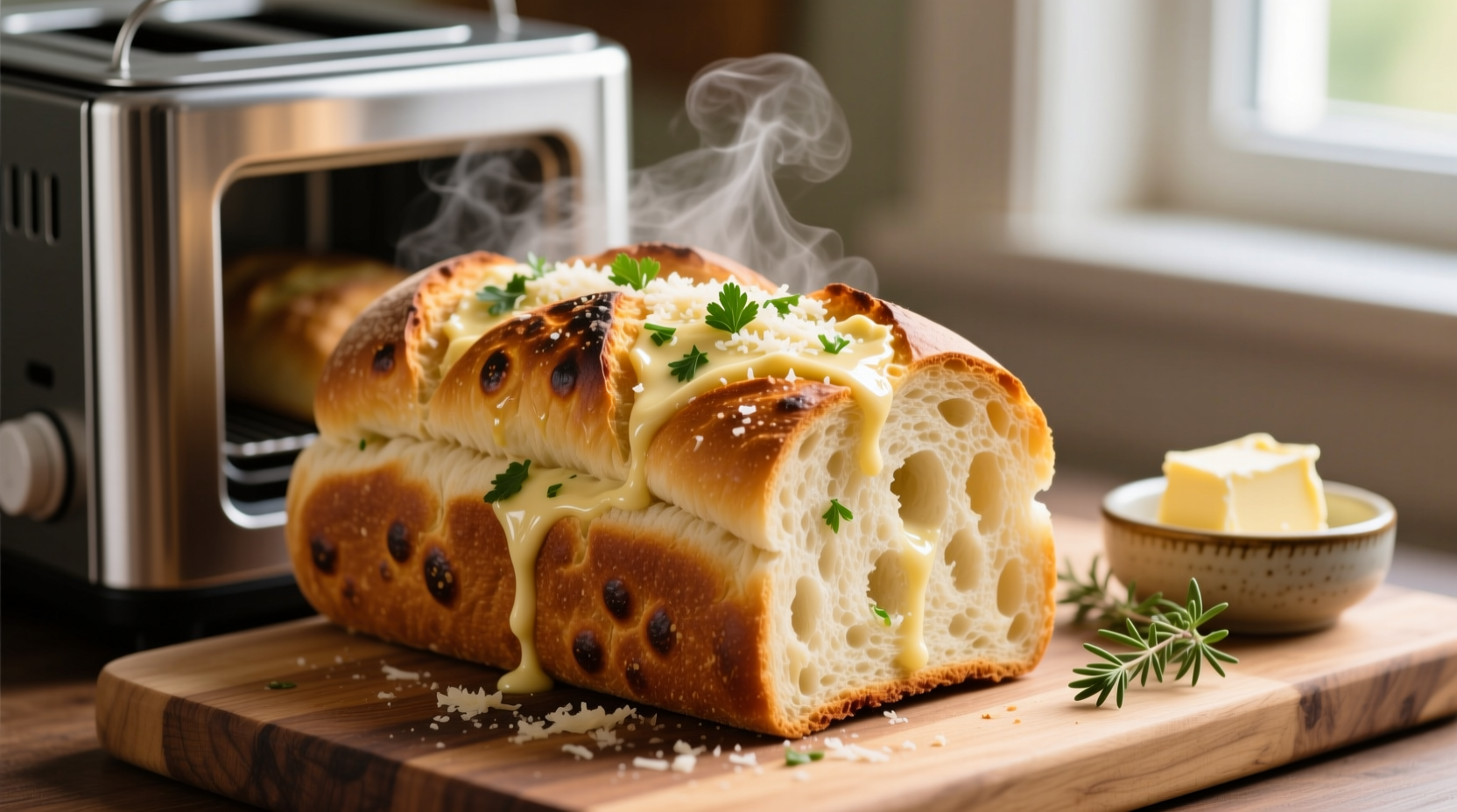Golden brown garlic bread fresh from bread machine