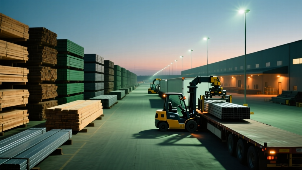 Massive corporate staging yard with stacked lumber and steel, automated forklifts loading flatbed trucks under floodlights