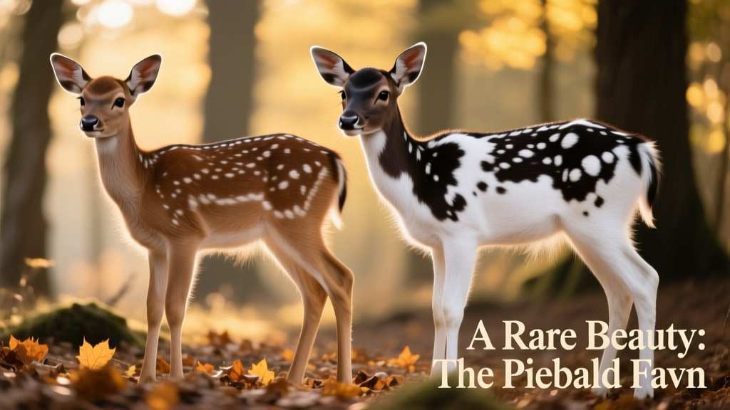 Side-by-side comparison showing typical fawn coloring versus a piebald fawn, highlighting the distinctive white spotting pattern