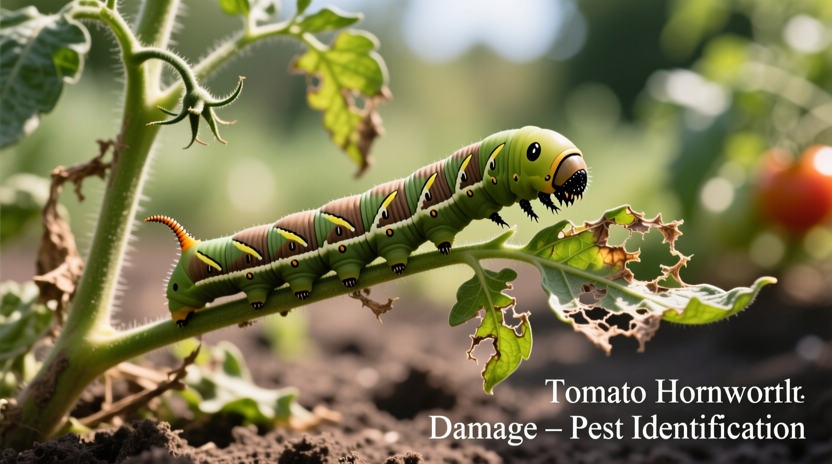 Tomato hornworm damage showing defoliated plant with caterpillar