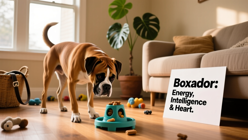 A Boxador focused on solving a treat-dispensing puzzle toy indoors