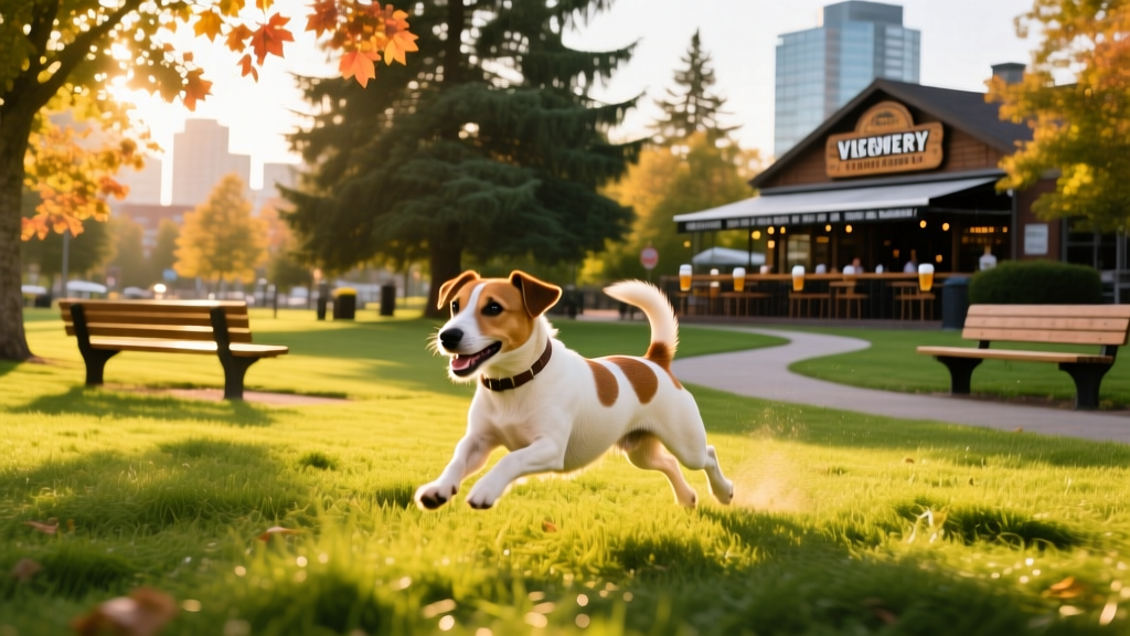 Jack Russell terrier joyfully running across a grassy, sun-dappled dog park in Victoria with trees and benches in the background
