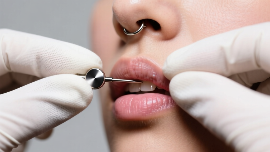 Close-up of gloved hands gently inserting a 16-gauge titanium threadless labret into a healed helix cartilage piercing