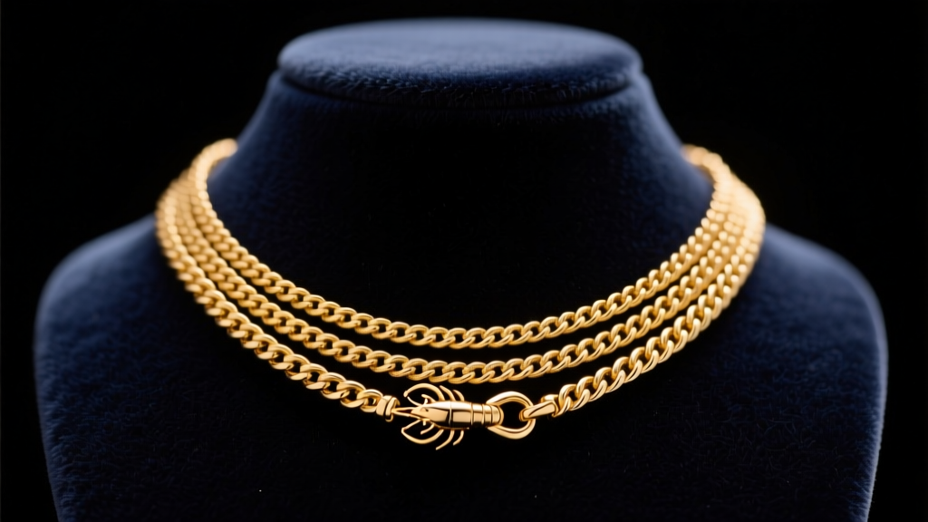 Close-up of a three-strand 14k yellow gold necklace on a dark velvet bust, showing the secure clasp and warm studio lighting