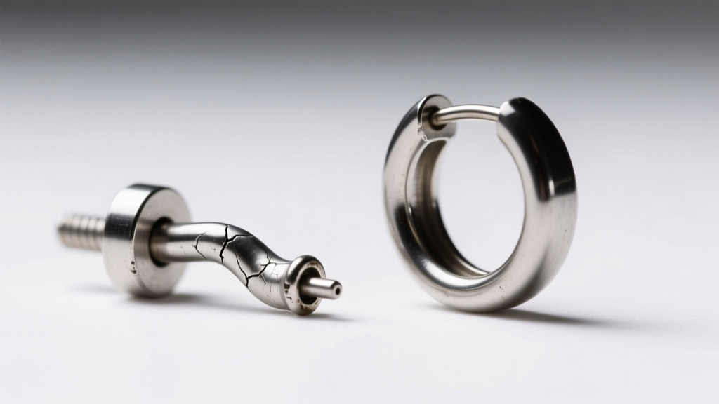 Macro of a bent 20g silver latch-back post showing fatigue beside a sturdy 16g clicker hoop mechanism on a clean white backdrop.