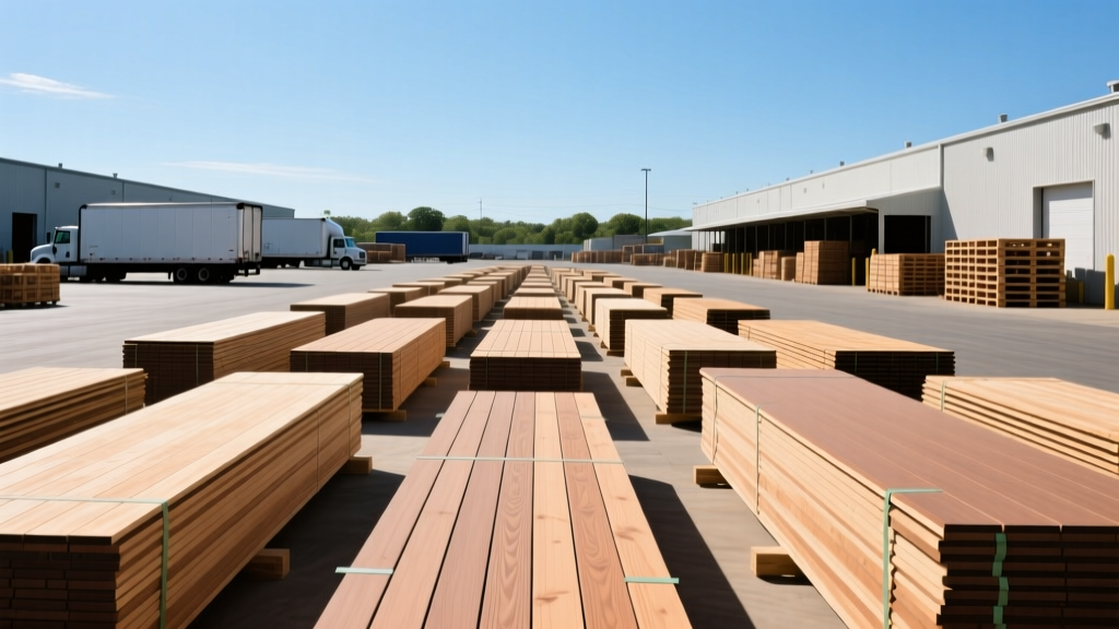 Bustling lumber supply yard in Huntington New York with stacked composite decking and coastal-rated siding under a clear sky