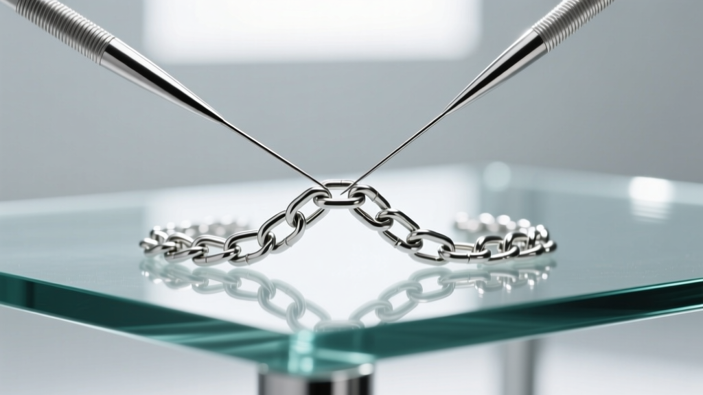 Close-up of two sewing needles untangling a kinked sterling silver curb chain link on a glass desk under bright, focused lighting