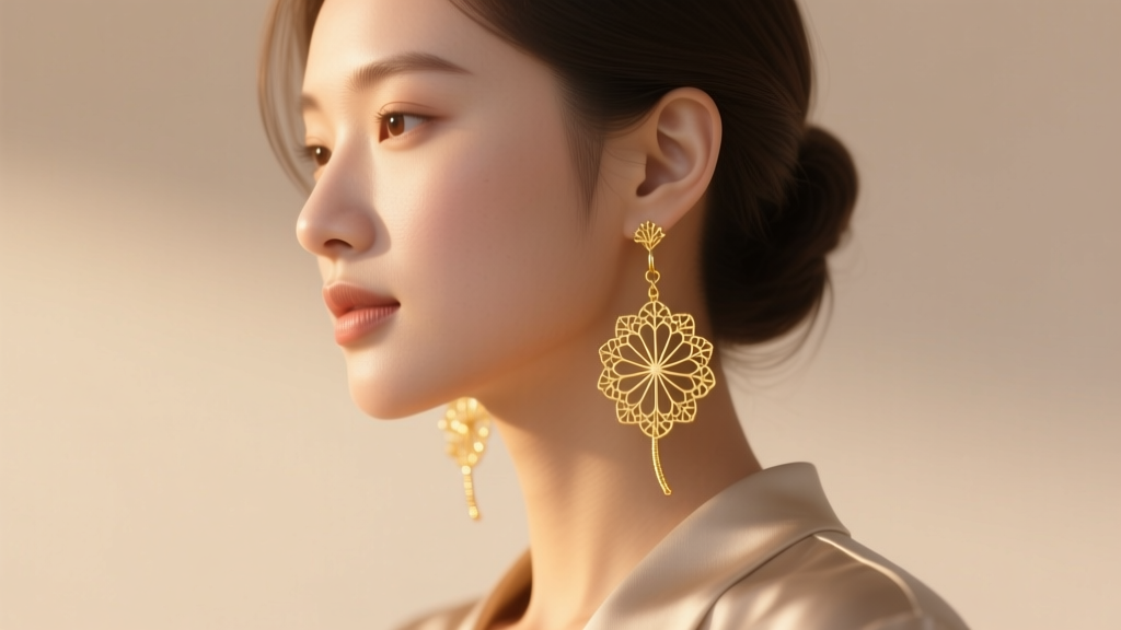 Side profile of a woman wearing elongated gold filigree dandelion drop earrings, styled for a round face in soft golden light.
