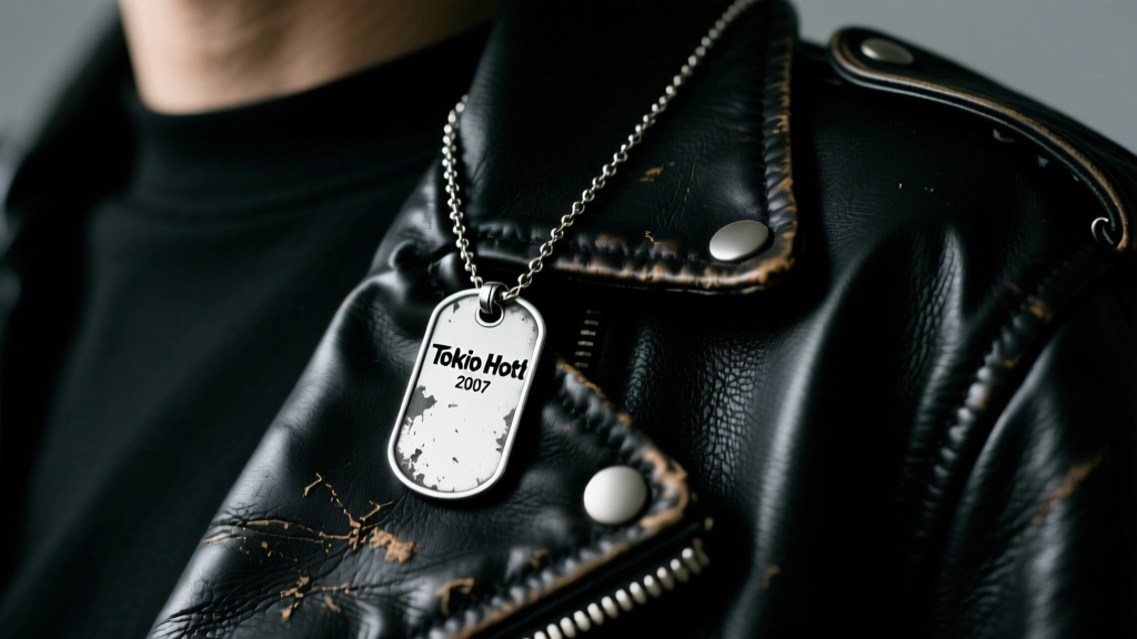 A vintage 2007 Tokio Hotel tour dog tag necklace in distressed silver resting on a black leather jacket, shot in moody lighting.