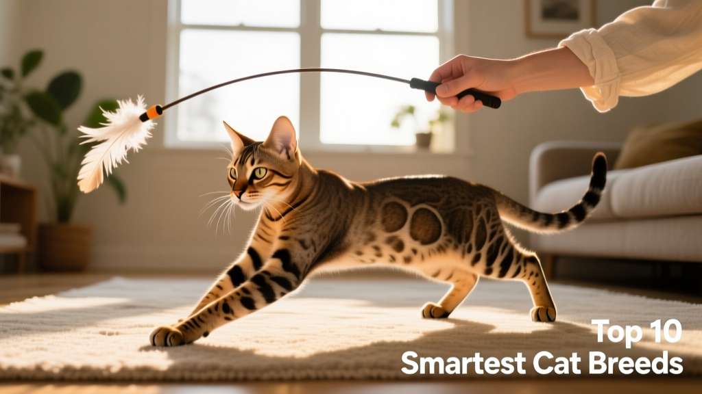 A Savannah cat mid-pounce, focused intently on a feather wand toy held by a hand