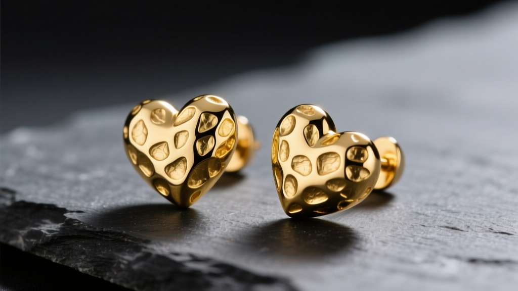 Macro shot of 14k yellow gold heart nugget earrings with raw textured Florentine finish on dark slate under soft studio lighting.