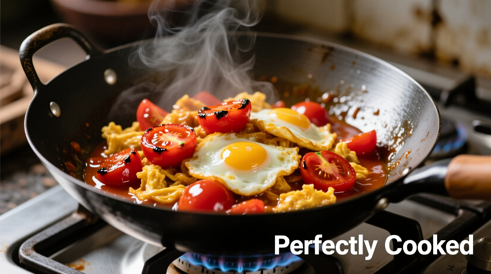 Perfectly cooked tomato and egg sauce in wok