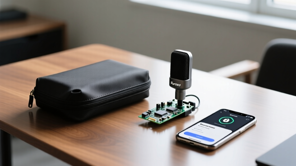 A discrete Faraday bag resting on a desk next to a dismantled hidden microphone and a smartphone showing a tech safety resource app.