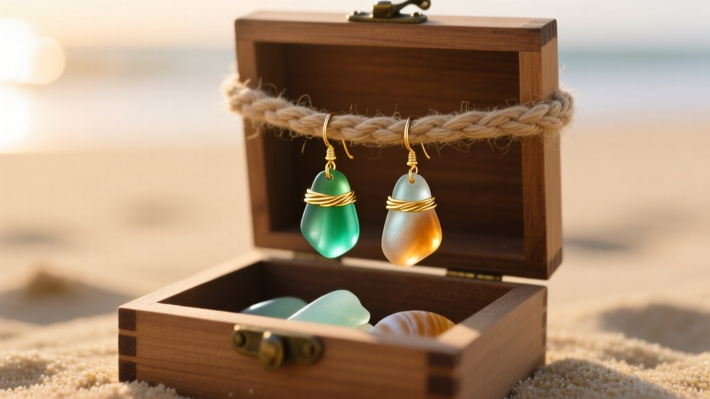 Open rustic gift box revealing handmade sea-glass earrings suspended on braided natural jute twine with gold wire wraps on sand