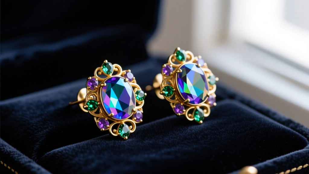 Macro shot of vintage Marvella clip on earrings with aurora borealis rhinestones and gold filigree resting on dark velvet.