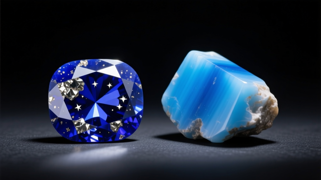 Macro shot of genuine lapis lazuli with pyrite flecks beside dyed howlite under bright jewelry inspection lighting