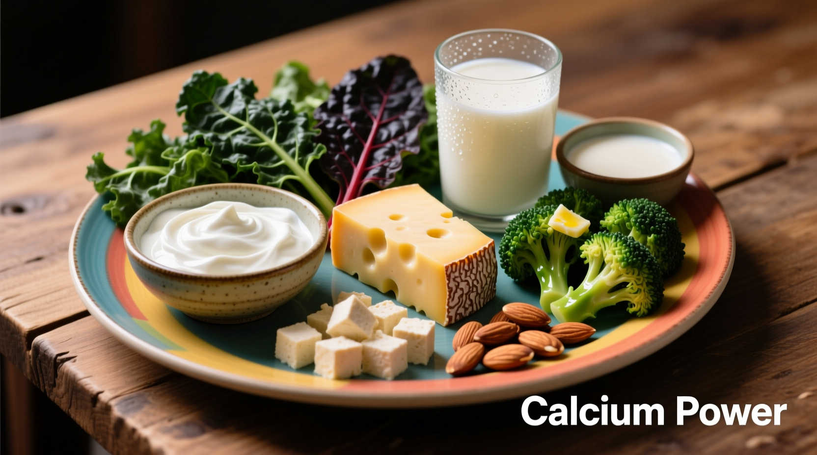 Colorful plate of calcium-rich foods including dairy, greens, and fortified alternatives