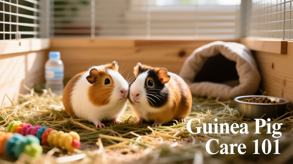 Two friendly guinea pigs grooming each other in a spacious, clean cage with hay, toys, and hiding spots