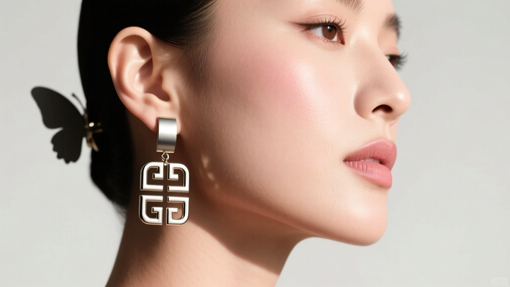 Side profile of a woman wearing Givenchy metal logo drop earrings, highlighting the post thickness and matte butterfly back clasp