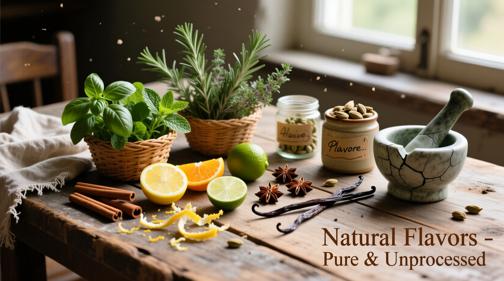Natural flavor ingredients on wooden table
