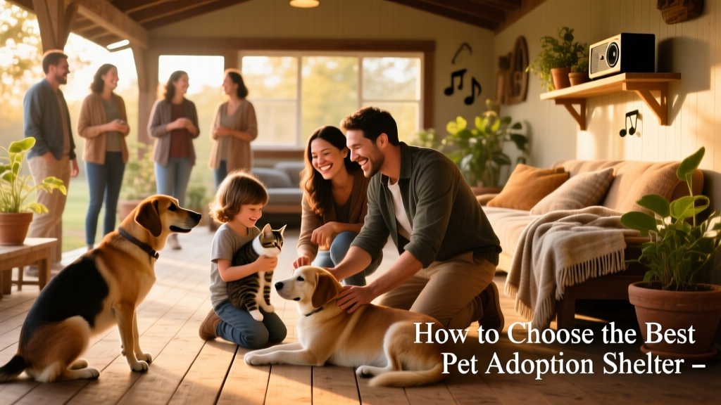 A warm, well-lit shelter common area with adoptable dogs and cats interacting calmly with visitors