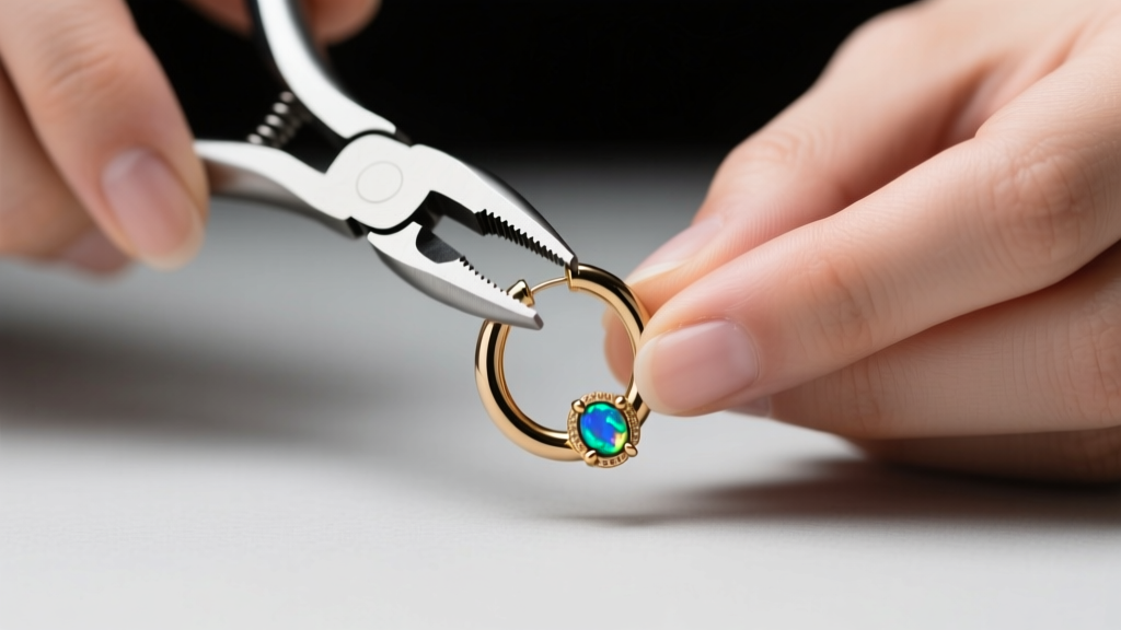 Hands using segment ring pliers to gently open a 16-gauge titanium clicker hoop earring featuring a small bezel-set opal inlay