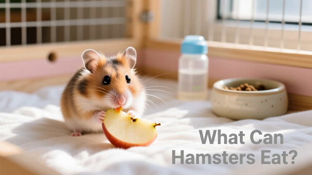 A cheerful Syrian hamster nibbling a small piece of apple on clean bedding