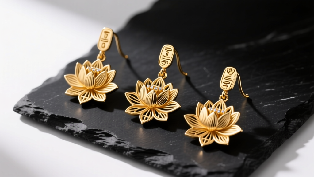 Flat lay of three Egyptian-inspired 18k gold lotus flower drop earrings resting on raw black slate with soft directional lighting