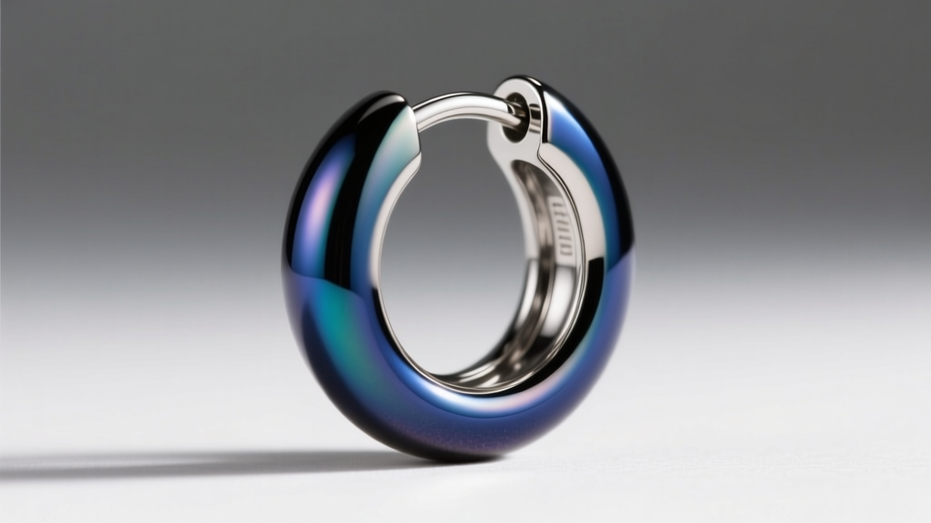 Macro photo of a PVD-coated 316L steel huggie earring, highlighting the seamless hinge and highly polished mirror finish.