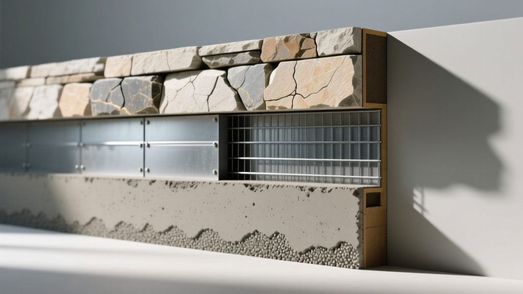 Cross-section of stone veneer panels showing weather barrier, metal lath, mortar scratch coat, and stone facing on wall