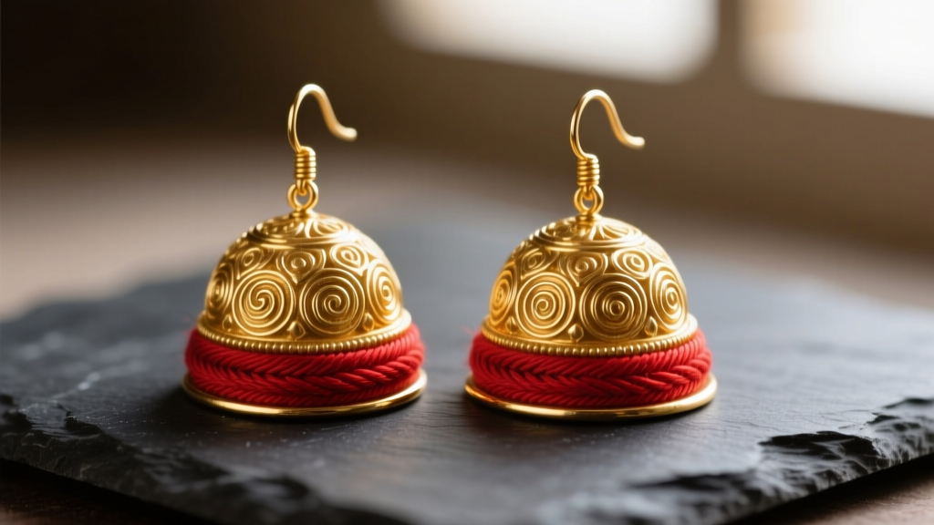 Close-up of traditional 24k gold Fulani earrings with red thread wrapping on dark slate, highlighting the repoussé central dome.