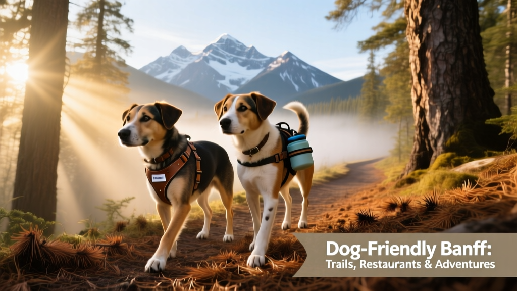 Two dogs hiking side-by-side on a forested trail in Banff National Park, with sunlight filtering through pine trees and distant peaks visible ahead