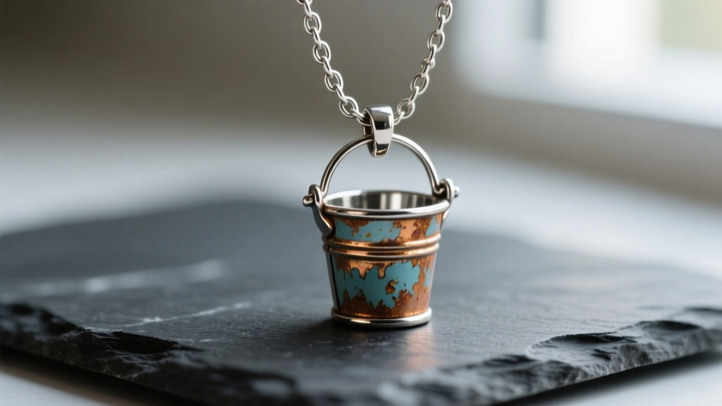 Macro shot of a miniature painted metal hardware bucket pendant on a stainless steel chain, resting on a dark slate surface.
