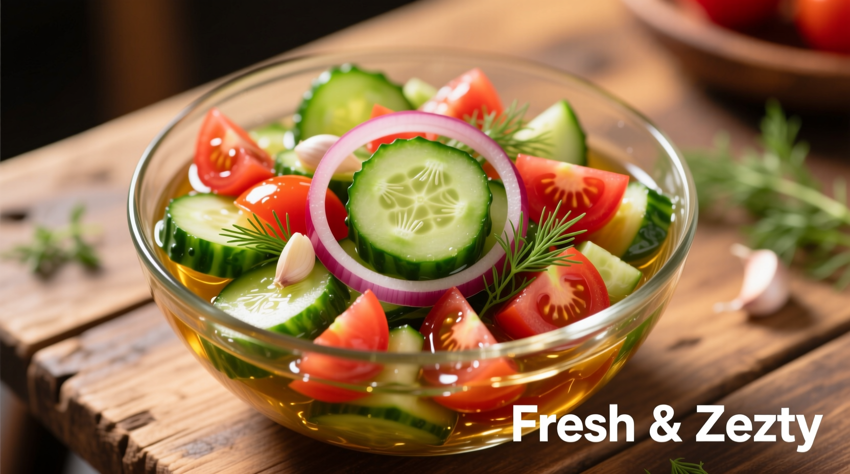 Colorful marinated cucumber tomato salad in glass bowl