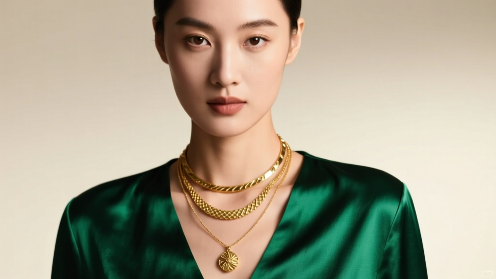 Close-up of a woman wearing three layered gold necklaces against an emerald silk blouse, soft studio lighting, fashion editorial