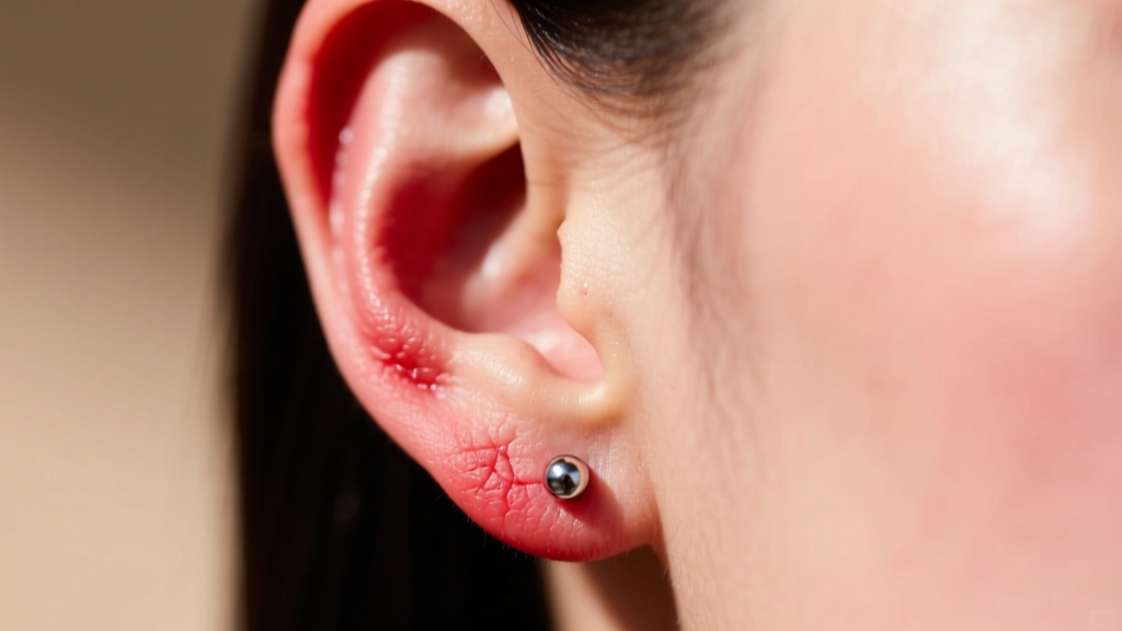 Close-up of a red swollen earlobe piercing with a titanium stud, showing mild inflammation against a softly blurred background.