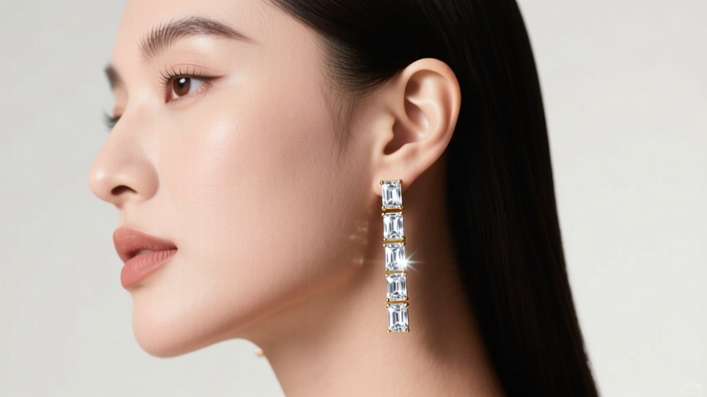 Side profile of a woman wearing an 18k white gold baguette diamond drop earring, showing bright stones in soft studio lighting