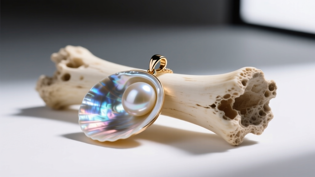Macro shot of a polished pearl shell Makau pendant with iridescent nacre, placed next to a piece of raw unbleached bovine bone
