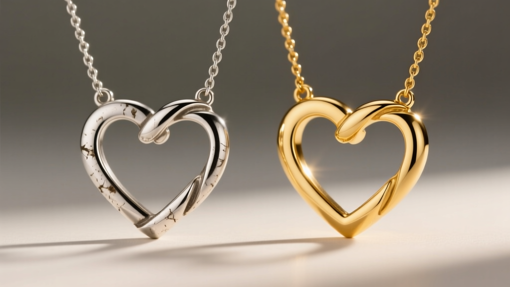 Macro comparison of tarnished sterling silver and bright 14k solid gold interlocking hearts necklace under warm studio lighting