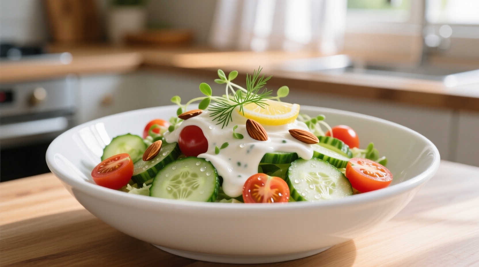 Fresh cucumber tomato creamy salad in white bowl