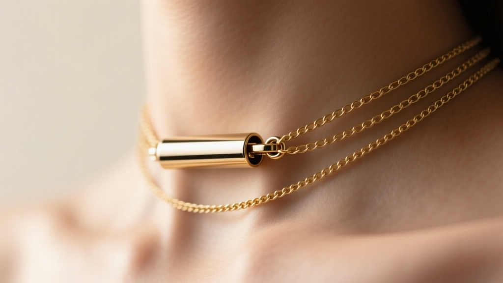 Macro view of a magnetic tube clasp connecting three gold chains, showing the seamless metal joint against a softly lit collarbone.