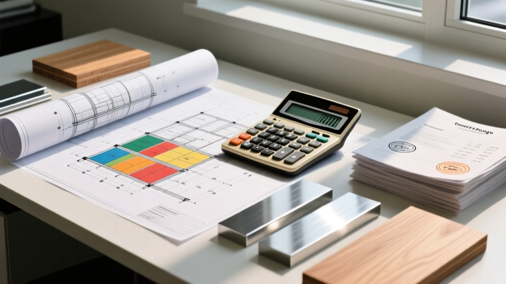 Architectural blueprints, light gauge steel samples, and prefab wood panels on a desk with a financial calculator and mortgage documents.