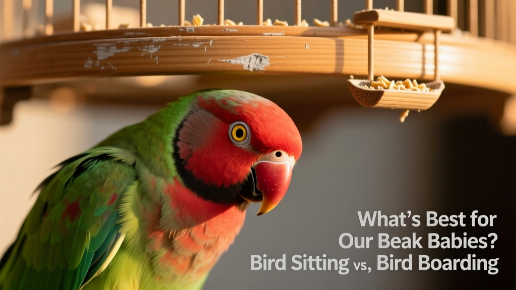 A red-faced parakeet looking down at the camera with the top of its birdcage visible in the background