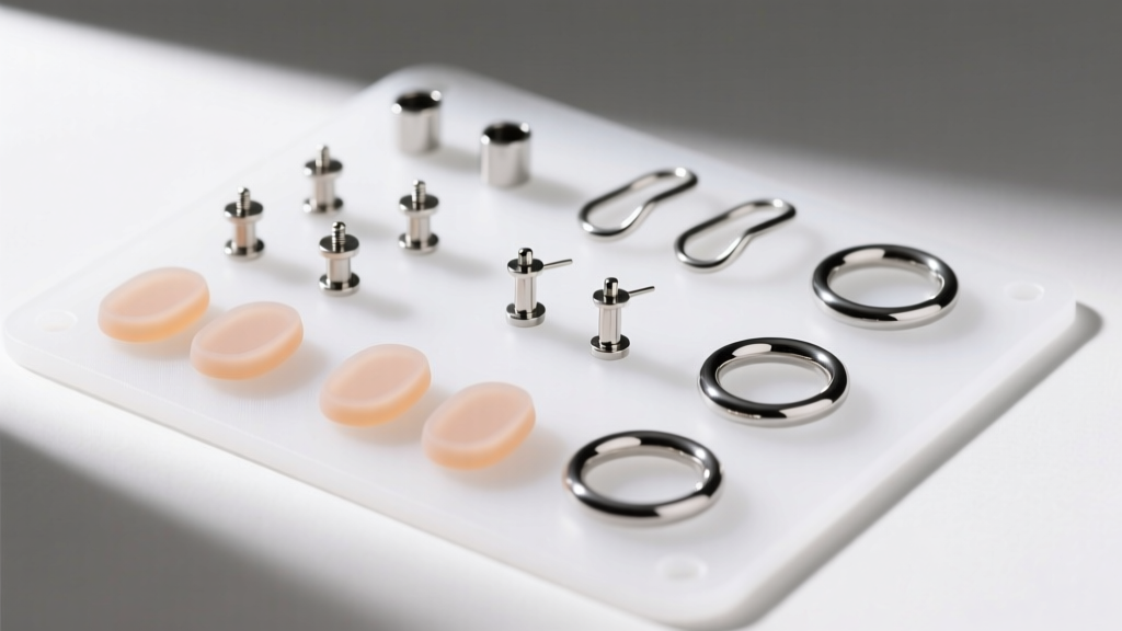 Flat lay of 20-gauge titanium earring posts, silicone backs, and silver jump rings arranged on a white silicone crafting mat