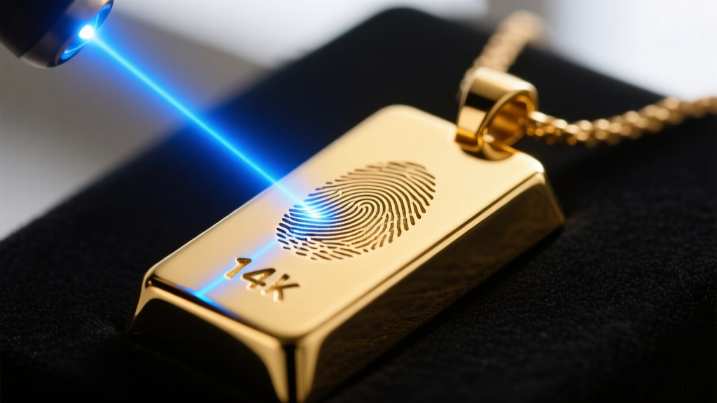 Macro shot of a laser engraving a tiny fingerprint onto a solid 14k gold bar pendant, sharp focus on the bright blue laser beam.