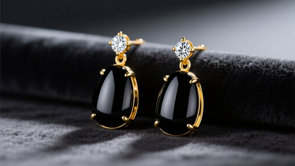 Close-up of black onyx drop earrings in 14k yellow gold with diamond accents, resting on dark velvet under soft studio lighting.