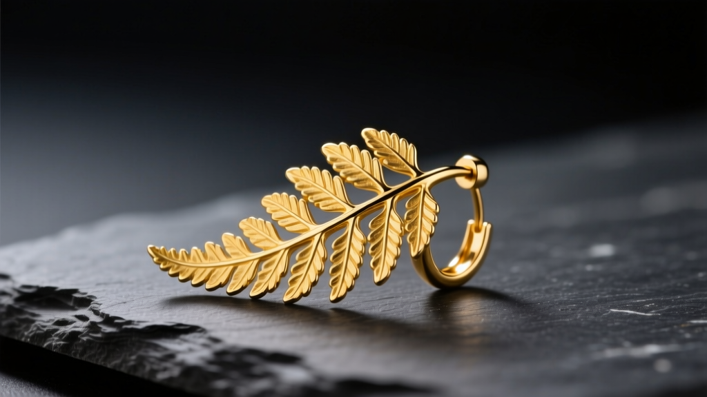Macro shot of an 18k yellow gold fern leaf earring showing intricate vein textures, resting on dark slate under soft studio lighting.