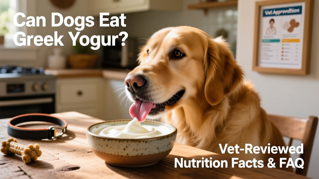 A golden retriever happily licking plain Greek yogurt from a small bowl