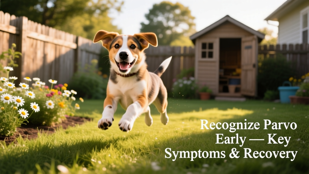 Happy, vaccinated puppy playing safely in a backyard after full recovery from parvo